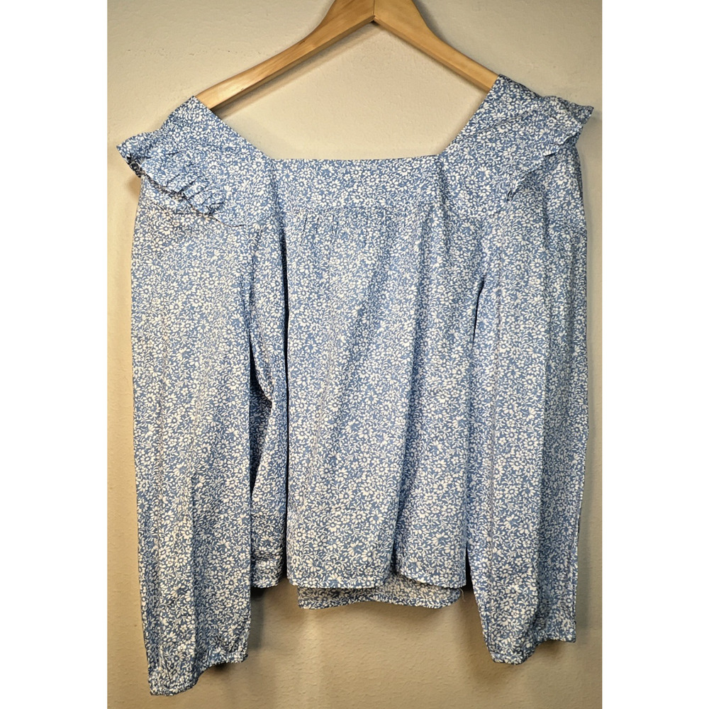 J. Crew Blue Large BR779 Cotton Floral Square neck Ruffle Top J- NWT - Picture 9 of 14
